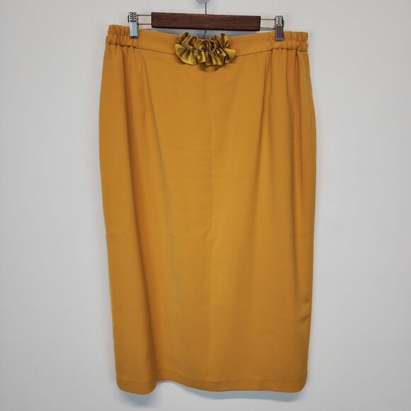 Vintage Louise Ricci Midi Skirt Size 16 Yellow Satin Ruched Bow Luxe Office Chic - Picture 2 of 16